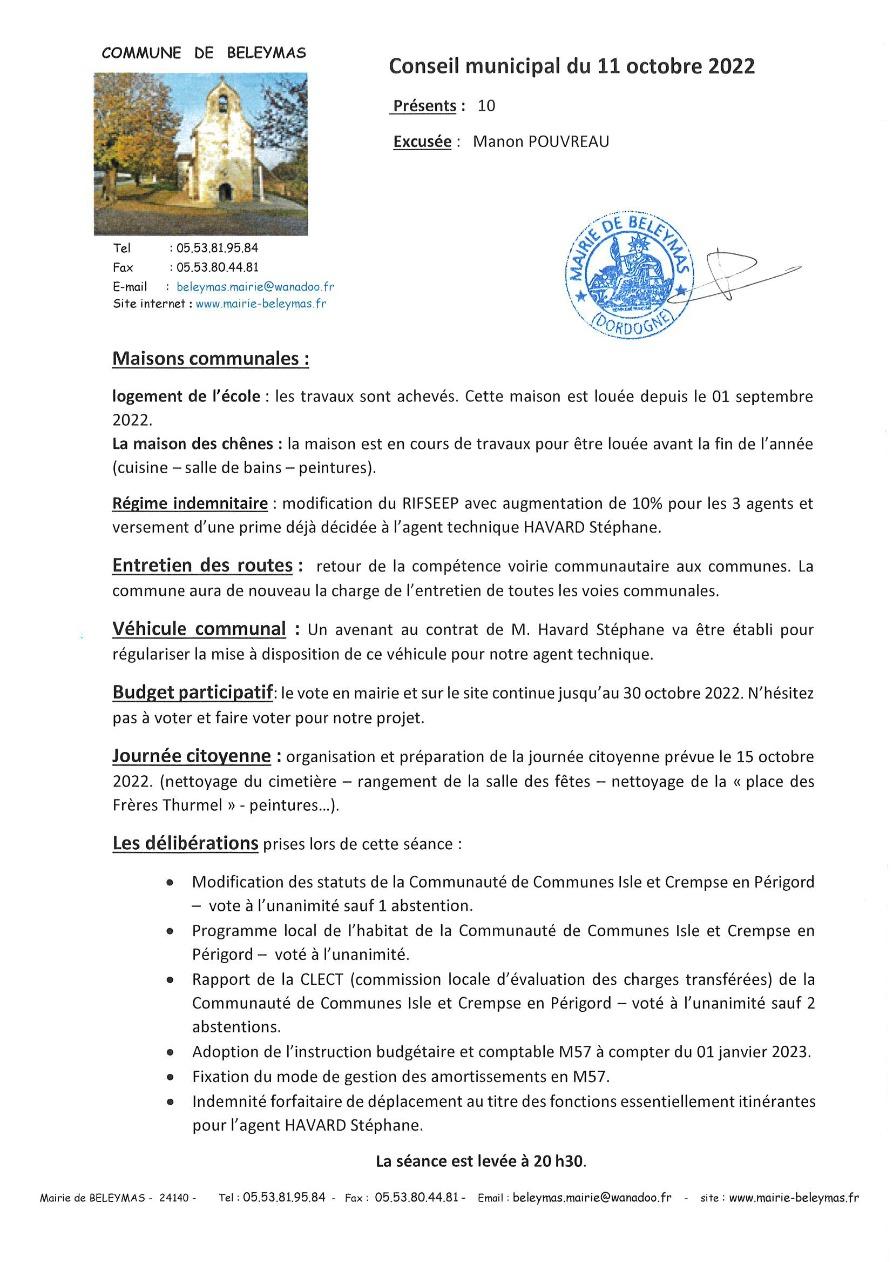 Compte rendu du conseil municipal du 11 octobre 20221